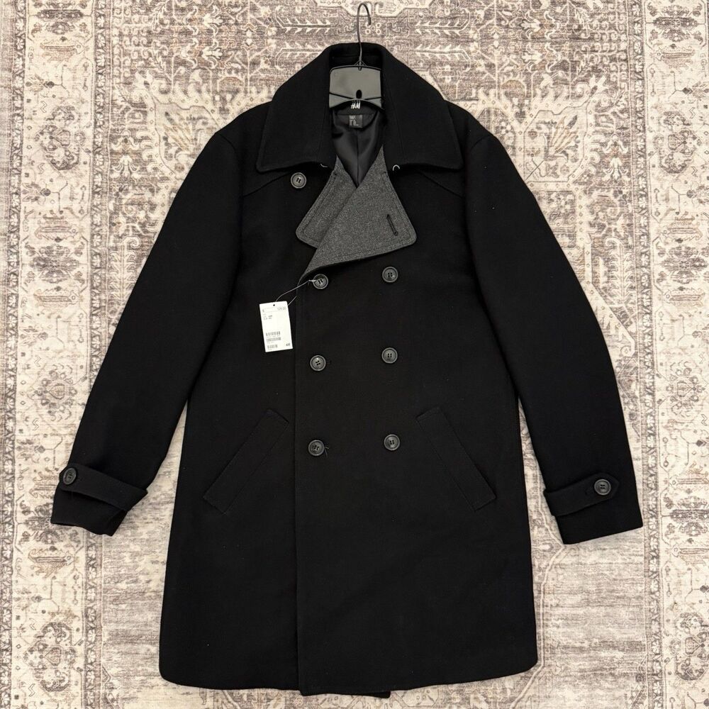 H&M Men’s Wool Blend Double Breasted Overcoat 40R Black NWT $129